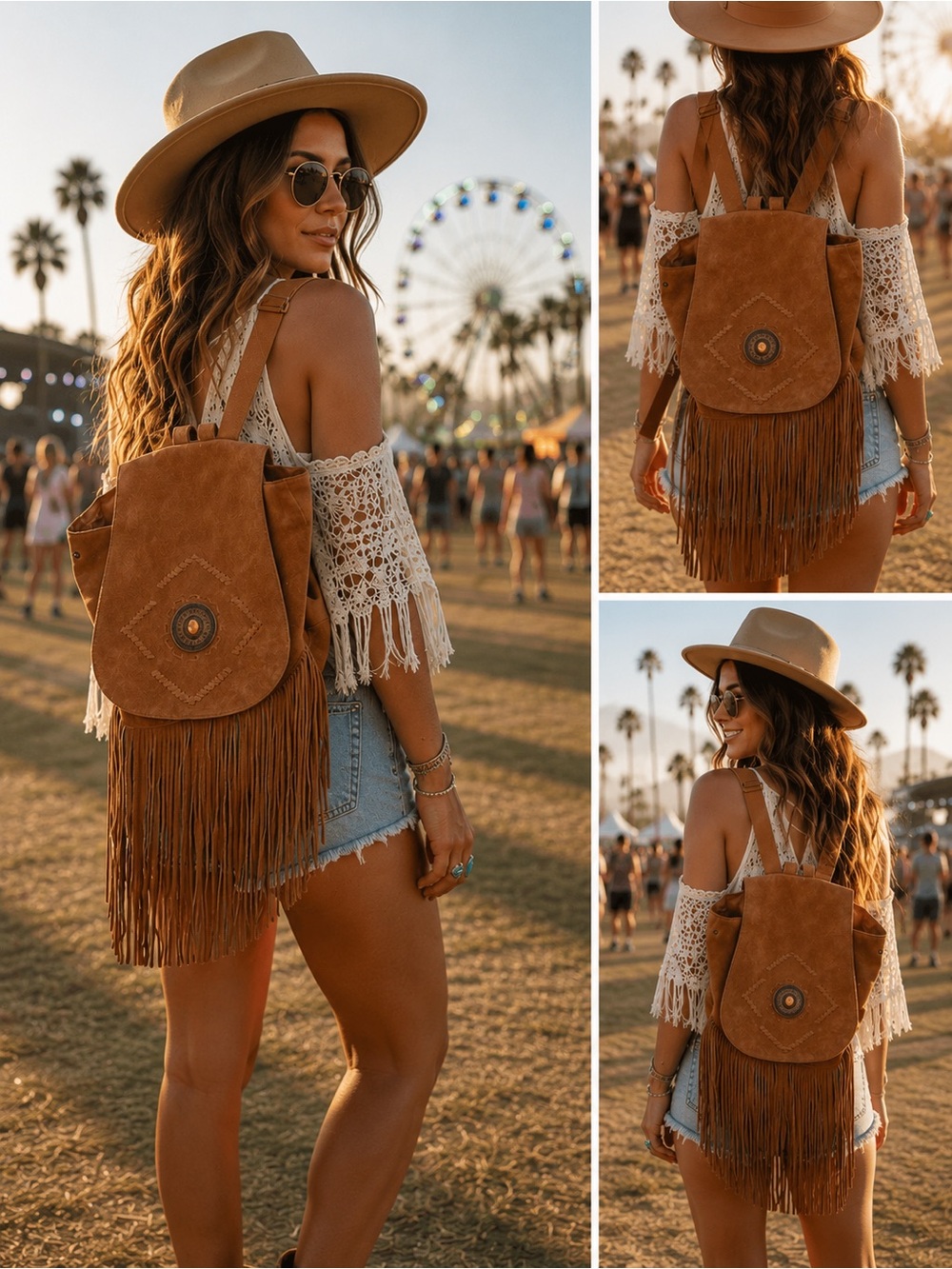 Boho Cognac Suede Fringe Backpack Whipstitch Medallion Festival Bag